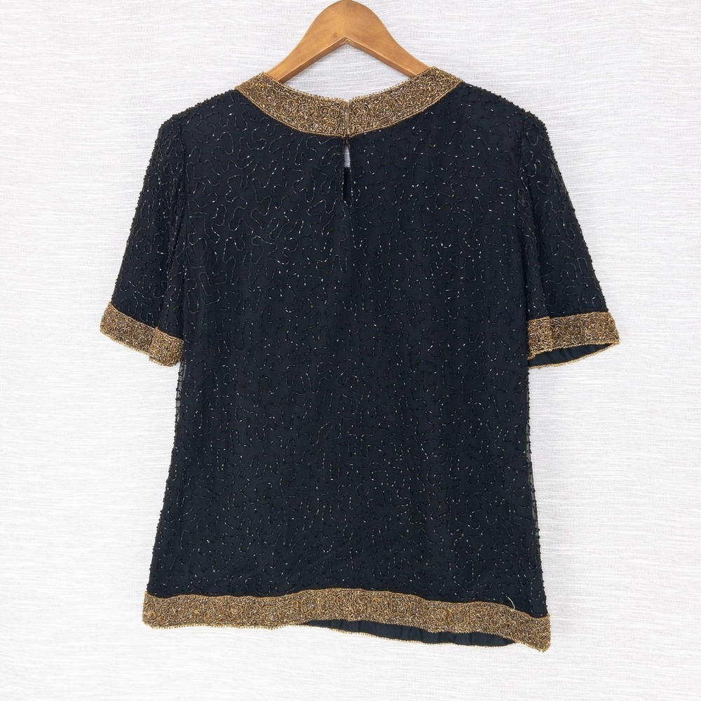 Vintage Laurence Kazar Beaded Top Women's Medium 100% Silk Black Gold Formal 80s - Picture 2 of 16